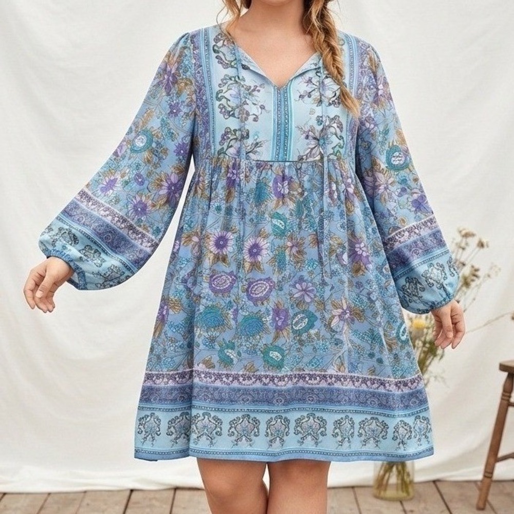 NEW Floral Peasant Dress Sz XL Blue Boho Long Sleeve Tie Neck Tunic Lightweight